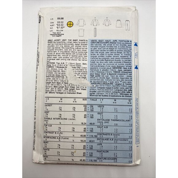 Butterick Sewing Pattern 4239 Girls Jacket Vest Top Skirt Pants Sash Uncut 1989 - Picture 2 of 2